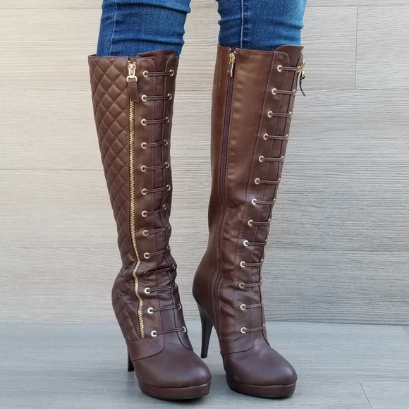 Knee High Heel Boots Brown Vegan Leather and fur - Picture 3 of 8